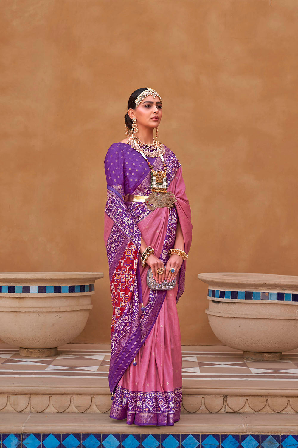 Candy Pink with Purple Banarasi Patola With Contrast Ekat Border and Pallu