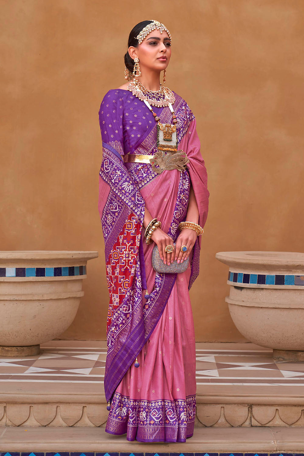 Candy Pink with Purple Banarasi Patola With Contrast Ekat Border and Pallu