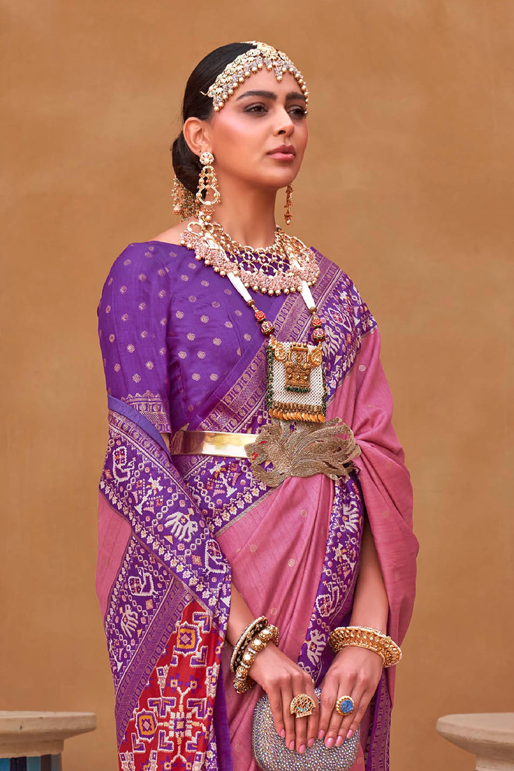 Candy Pink with Purple Banarasi Patola With Contrast Ekat Border and Pallu