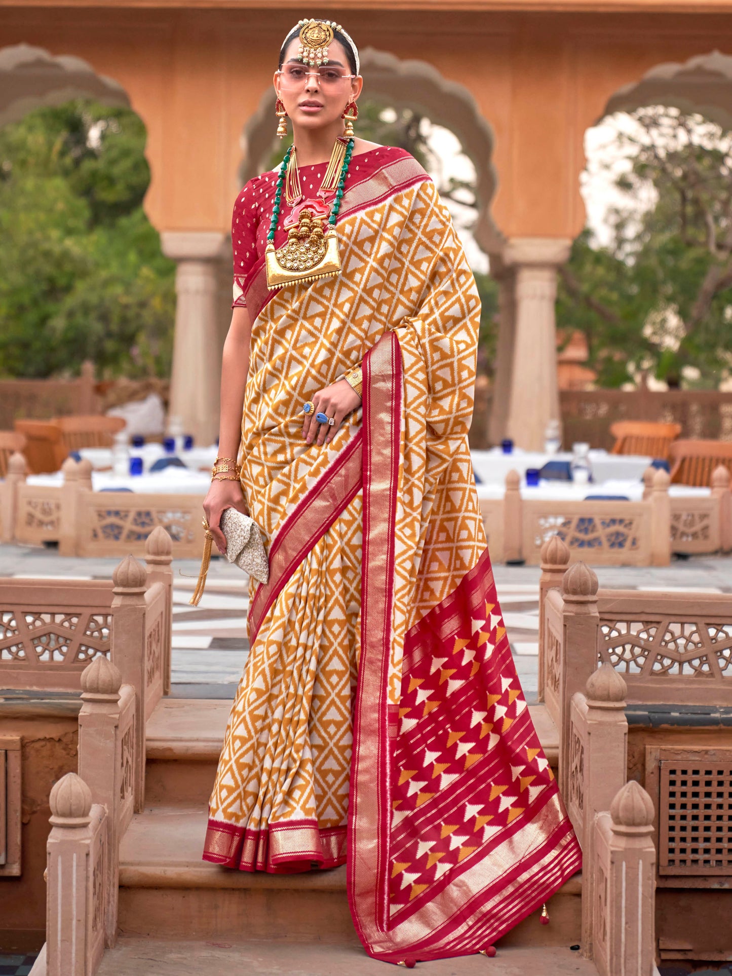 Orange with Red Soft Floral Printed Saree with Ekat Border and Pallu