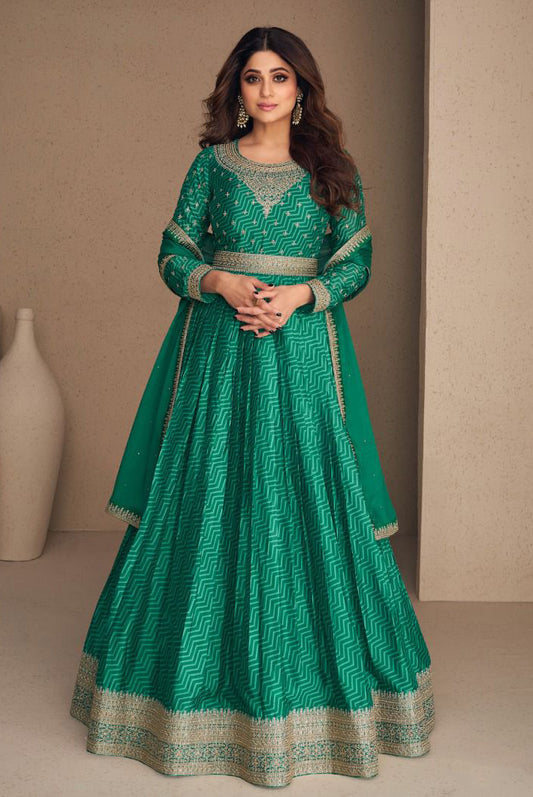 Noorani Green  Soft Silk Floor Length Anarkali Suit with Dupatta