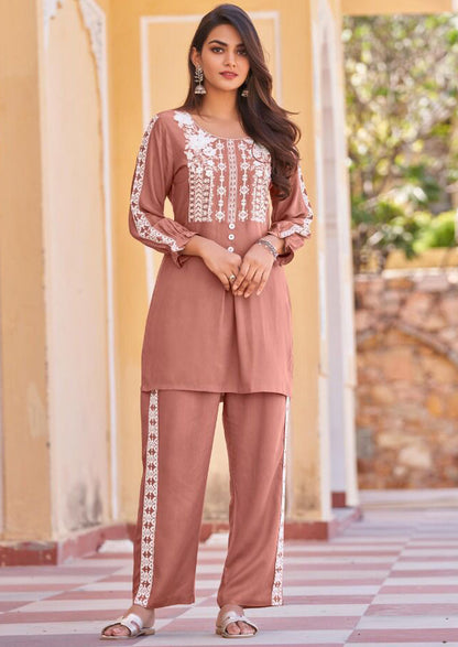 Tawny Brown Chikankari Stylish Pant Suit in Rayon Cotton