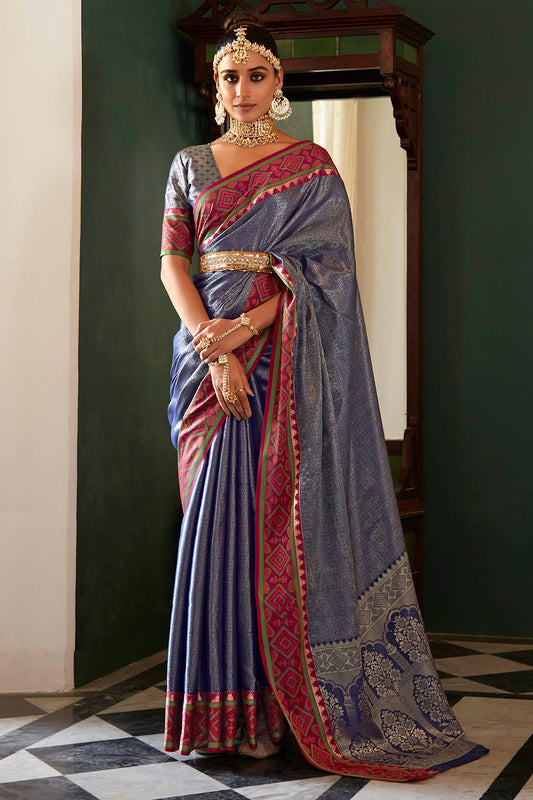 Chrome Blue Soft Kanjivaram Style Saree with Ekat Woven Border