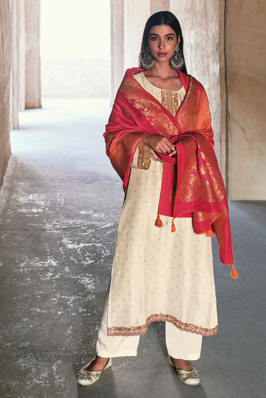 White Cotton Silk Embroidered Suit with Red Woven Banarasi Dupatta