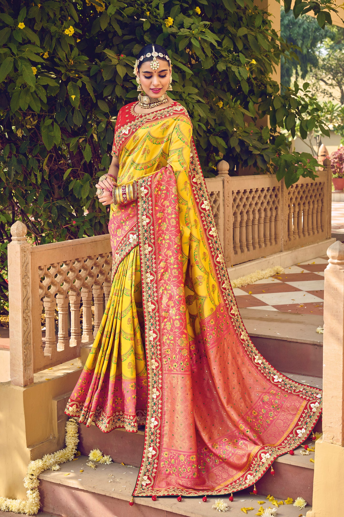 Ochre Yellow Patola Style Soft Silk Saree with Red Blouse