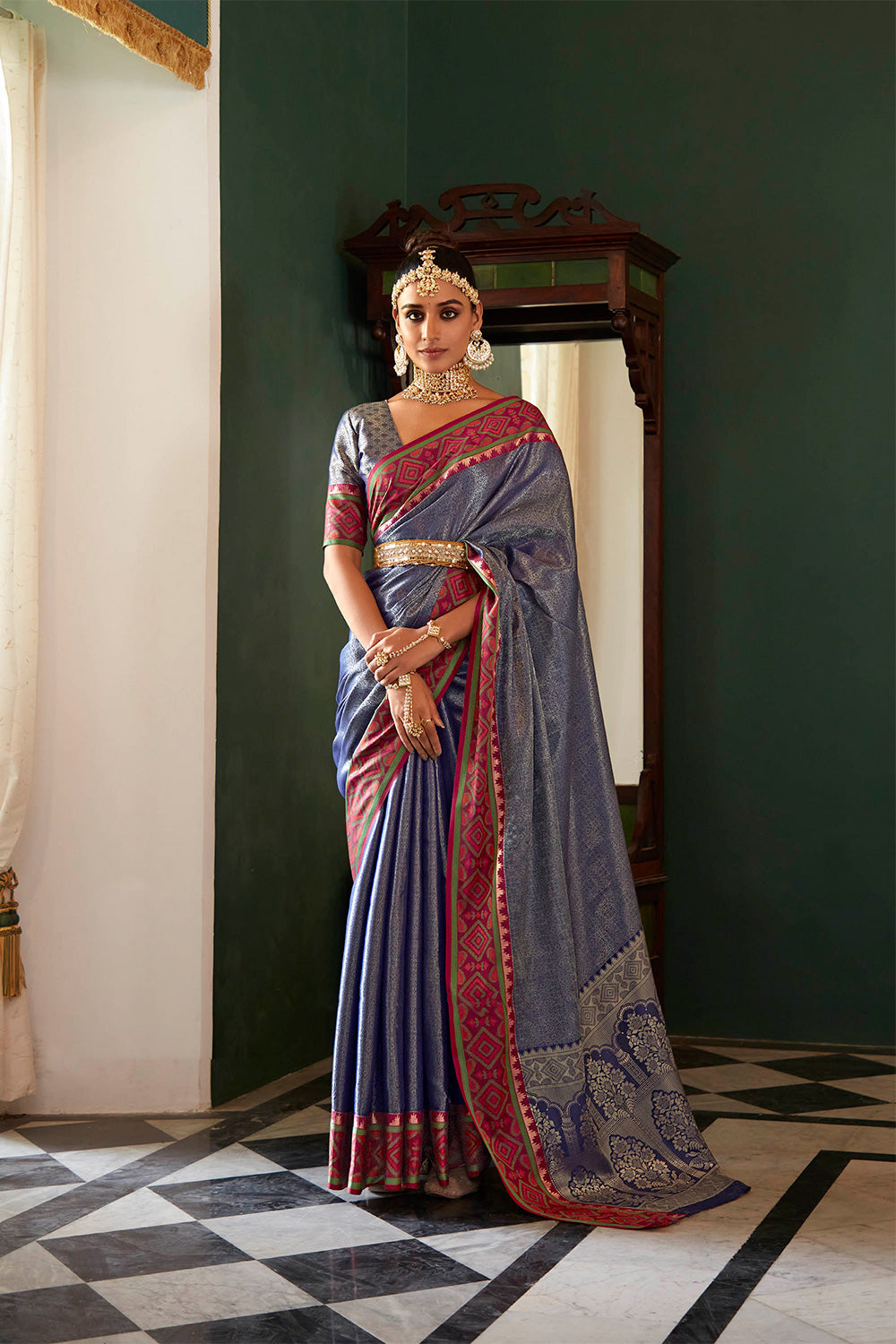 Vishal Prints Dark Blue Silk Weaving Saree With Zari Border And Tassel