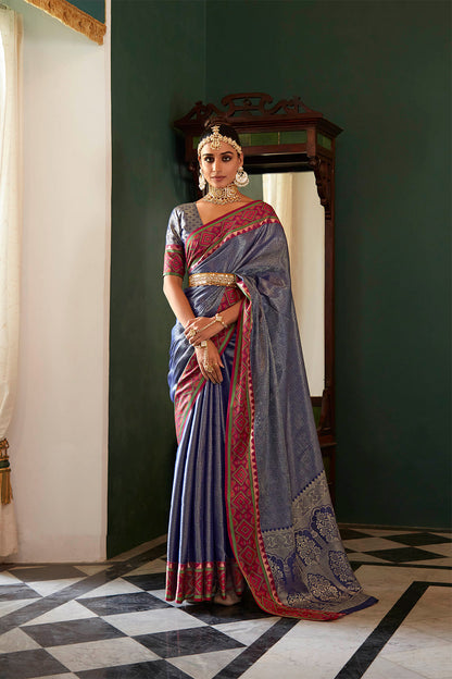 Chrome Blue Soft Kanjivaram Style Saree with Ekat Woven Border