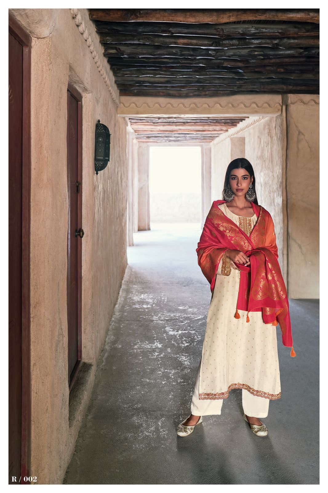 White Cotton Silk Embroidered Suit with Red Woven Banarasi Dupatta