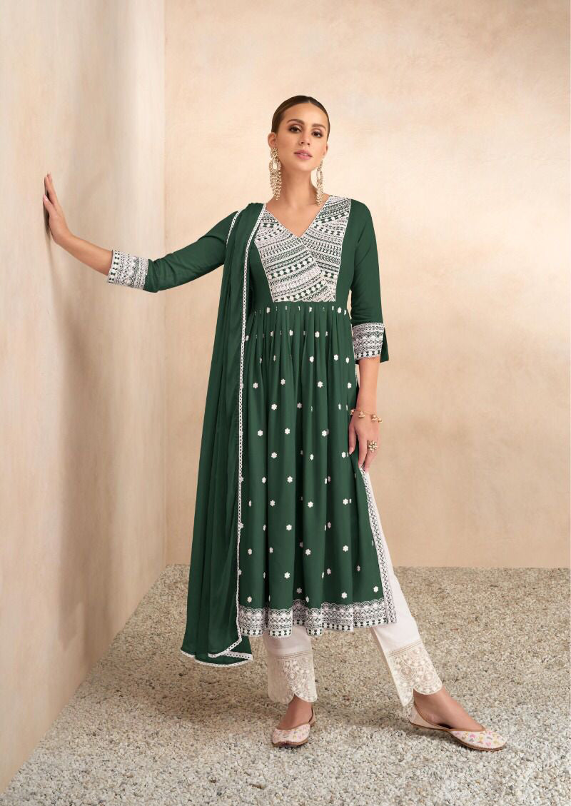 Moss Green Chikankari Inspired Suit with White Pants and Dupatta