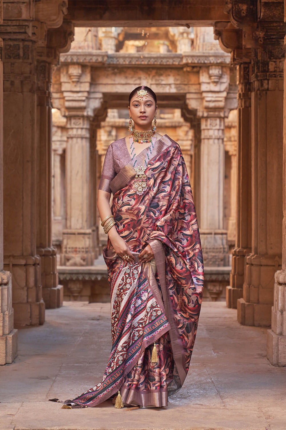 Light Brown  Soft Tussar Silk Floral Kalamkari Saree