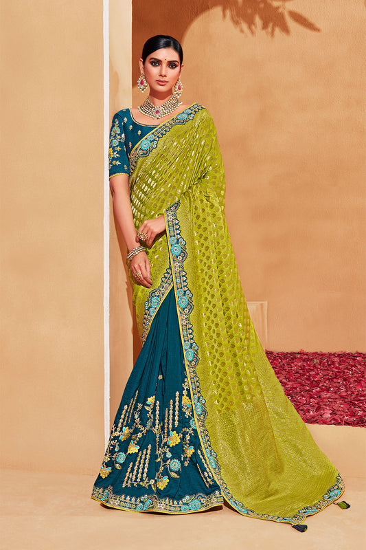 Light Olive with Dark Teal  Stunning Designer Bridal Dola Silk Saree with Heavy Embroidered Blouse