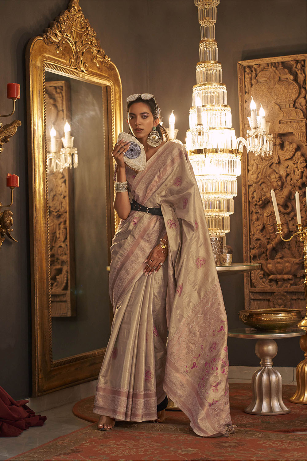 Pink Champagne Soft Banarasi Silk with Menakari Butti and Khimkhab Style Blouse