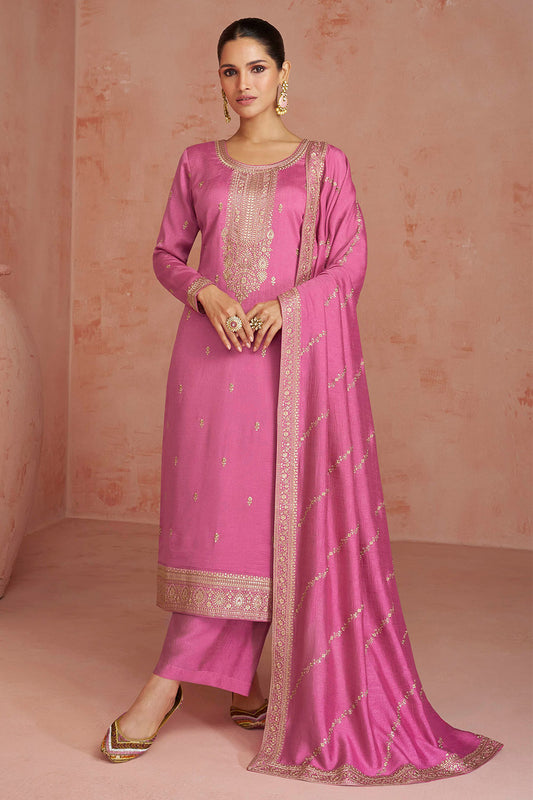 Azalea Pink Soft Silk Embroidered Salwar Suit with Heavy Dupatta