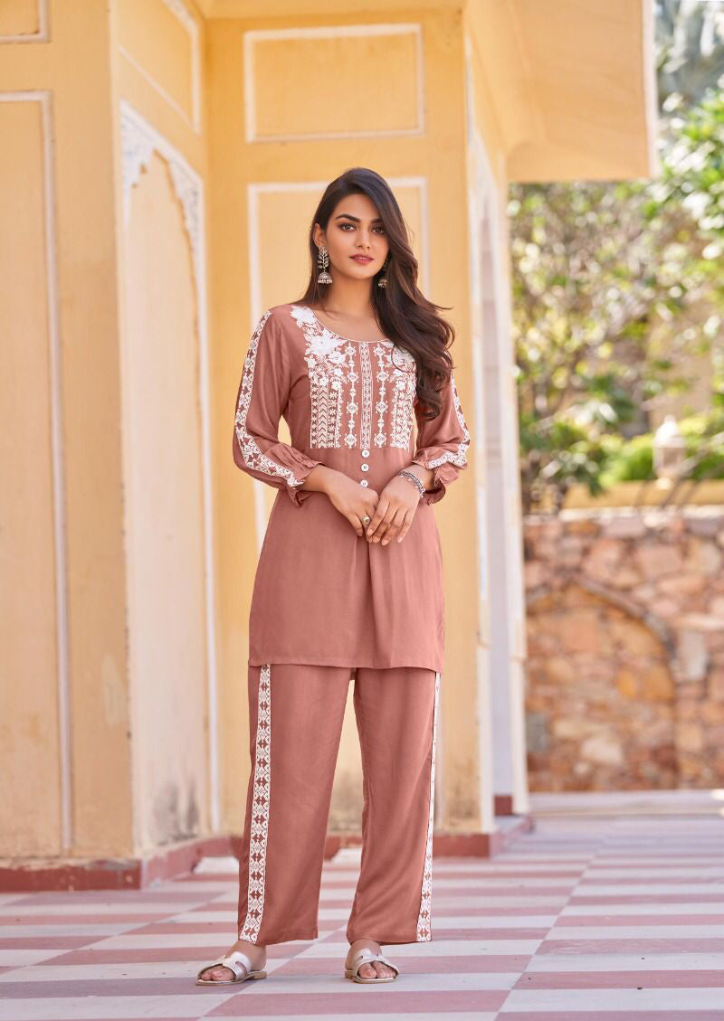 Tawny Brown Chikankari Stylish Pant Suit in Rayon Cotton