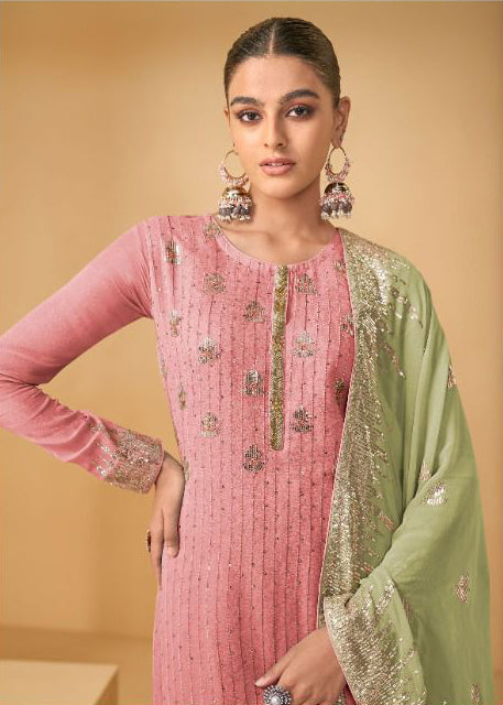 Light Peach Soft Georgette Sharara Suit Set with Contrast Dupatta