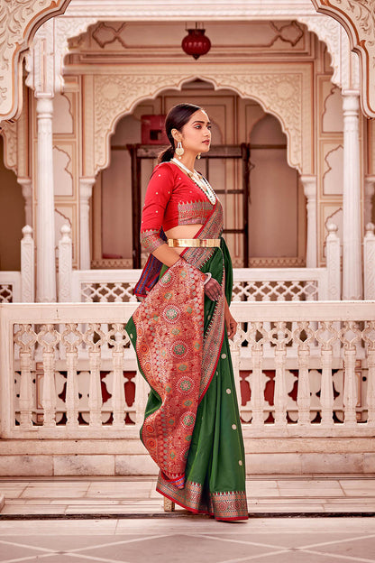 Dark Green  Soft Silk Paithani Saree with Contrast Banarasi Blouse