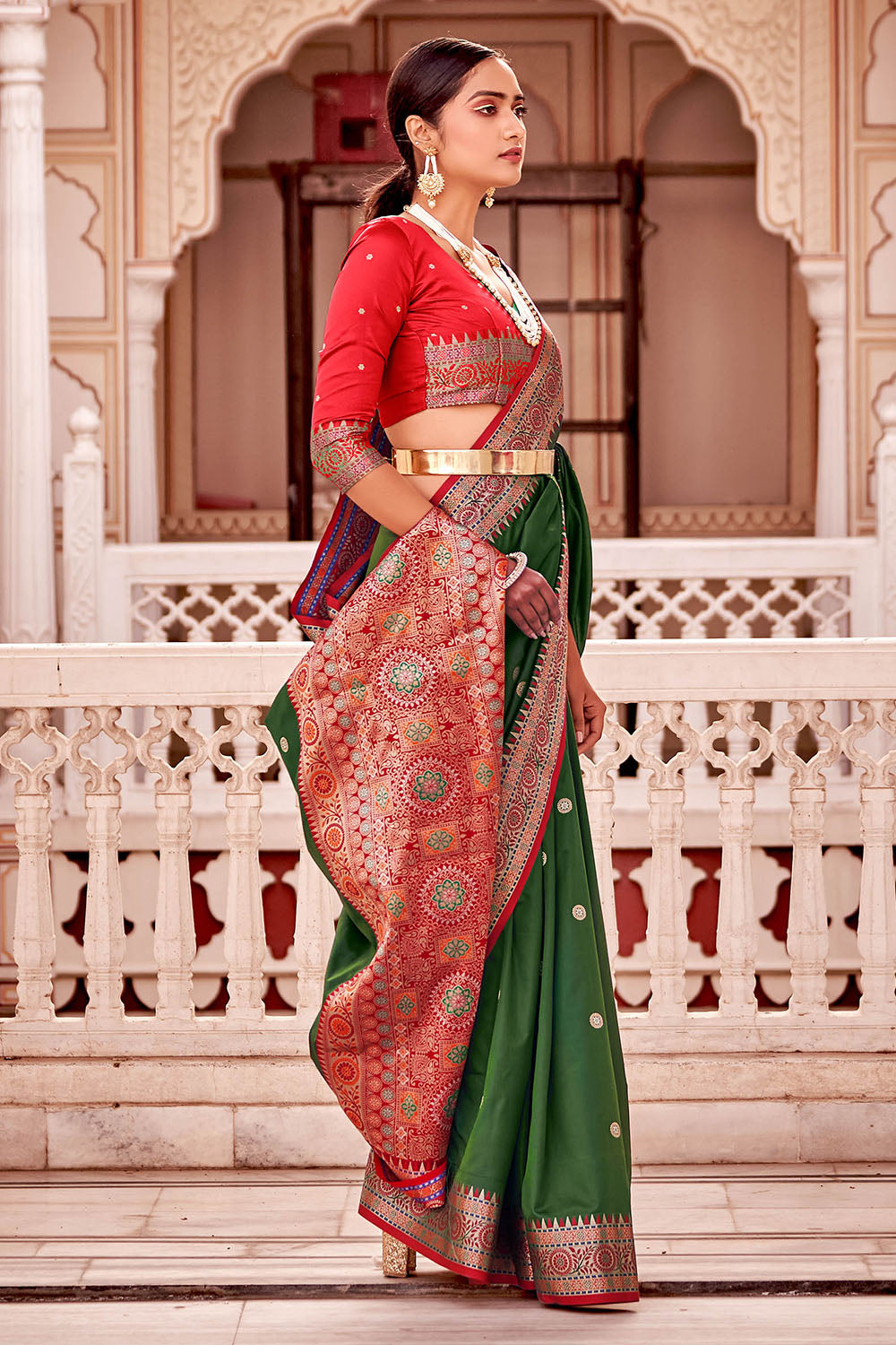 Dark Green  Soft Silk Paithani Saree with Contrast Banarasi Blouse