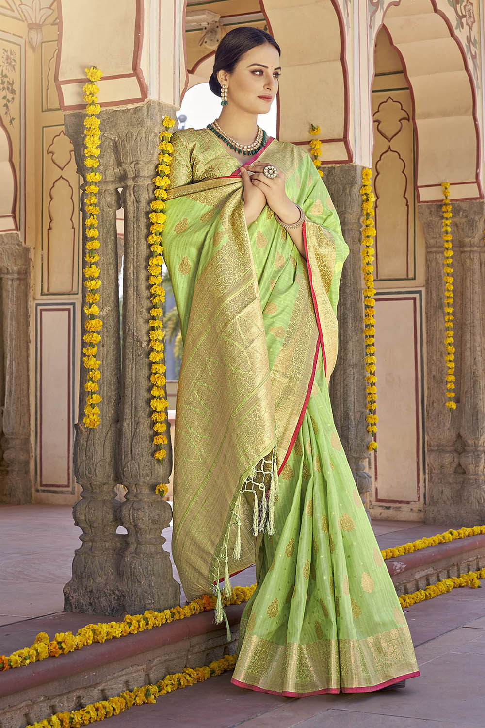 Pistachio Designer Tussar Silk Saree Blouse for Indian Wedding Reception