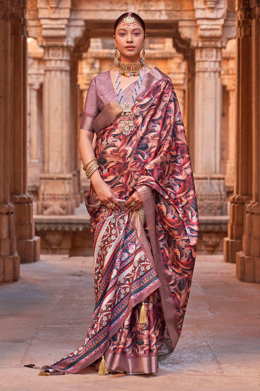 Light Brown  Soft Tussar Silk Floral Kalamkari Saree