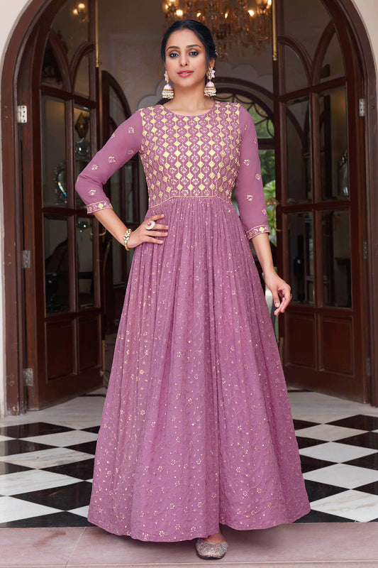 Dark Mauve Thread Embroidered Soft Silk Salwar Suit with Dupatta