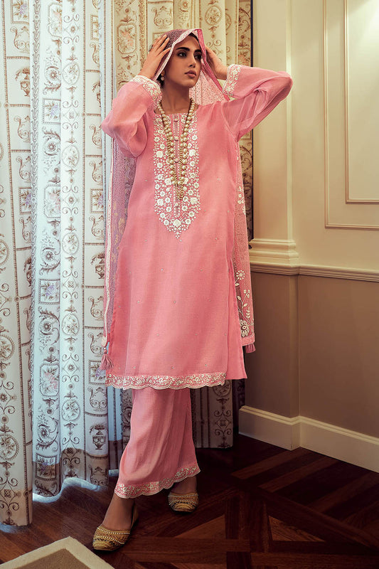 Cupcake Pink Thread Embroidered Soft Silk Salwar Suit with Dupatta