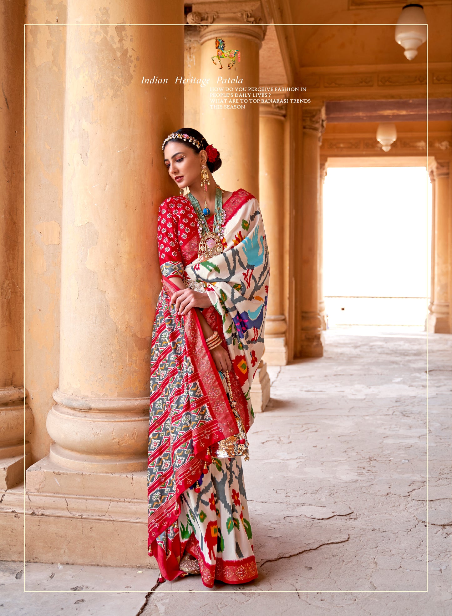 White with Red Navratna Patola Style Saree with Tessles