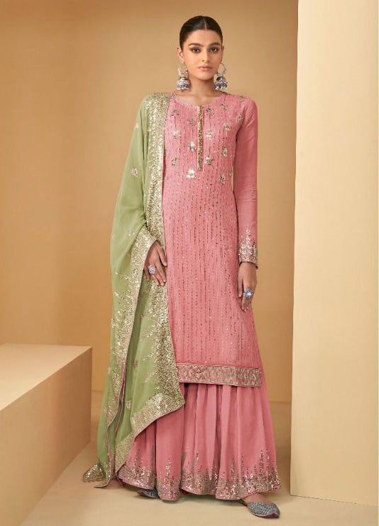 Light Peach Soft Georgette Sharara Suit Set with Contrast Dupatta