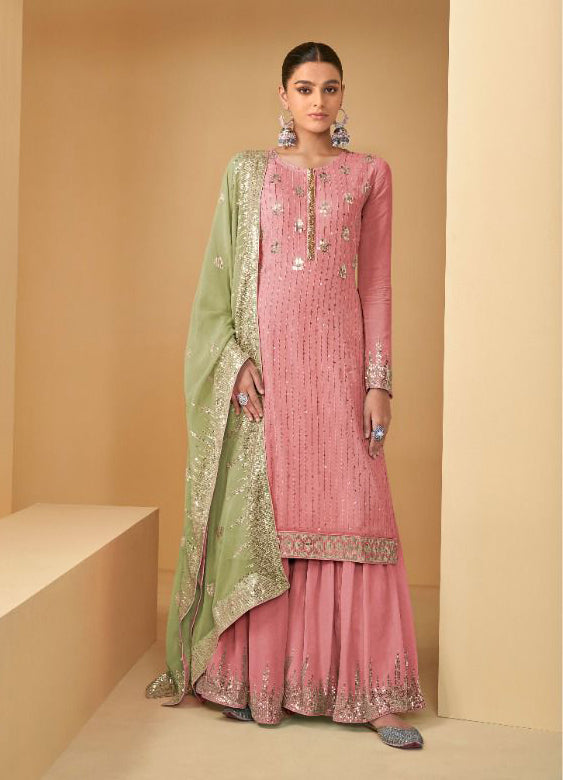 Light Peach Soft Georgette Sharara Suit Set with Contrast Dupatta