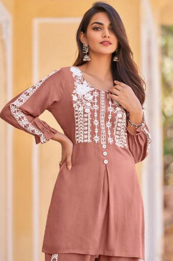 Tawny Brown Chikankari Stylish Pant Suit in Rayon Cotton