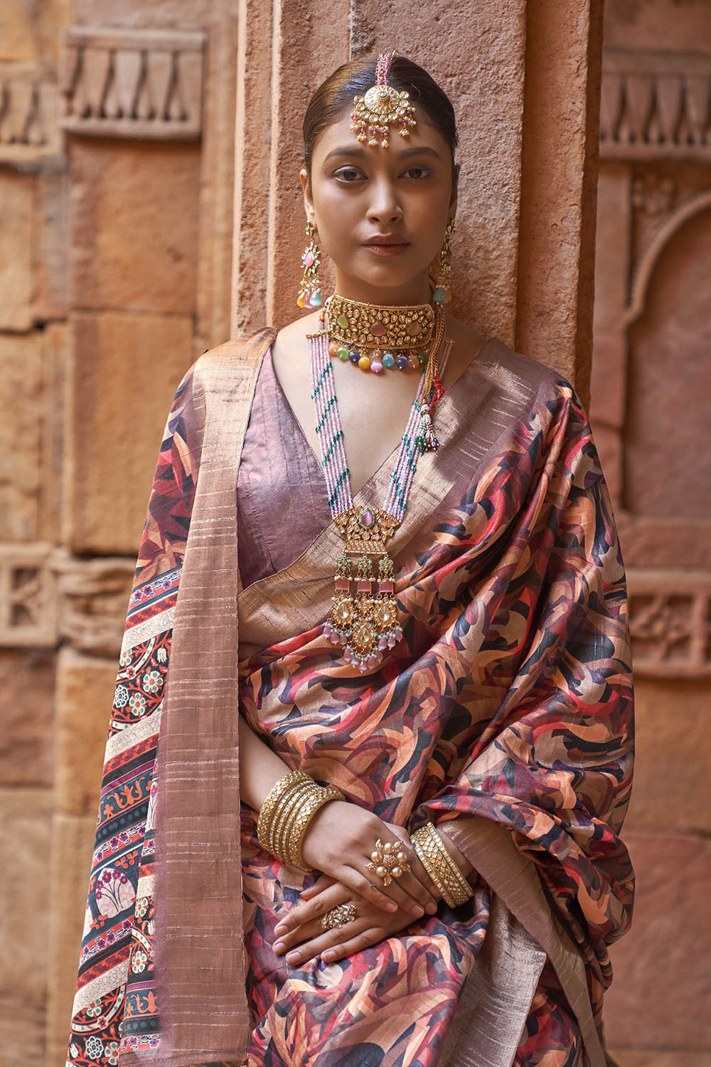 Light Brown  Soft Tussar Silk Floral Kalamkari Saree