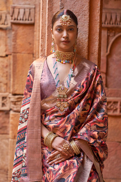 Light Brown  Soft Tussar Silk Floral Kalamkari Saree