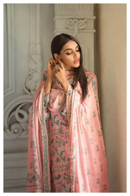 Light Peach Floral Printed Pure Muslin Salwar Suit For Woman