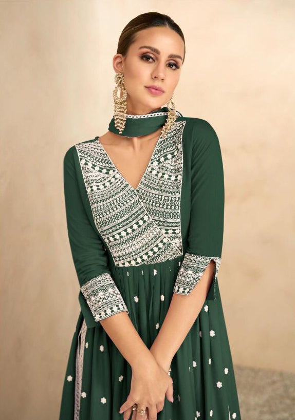 Moss Green Chikankari Inspired Suit with White Pants and Dupatta