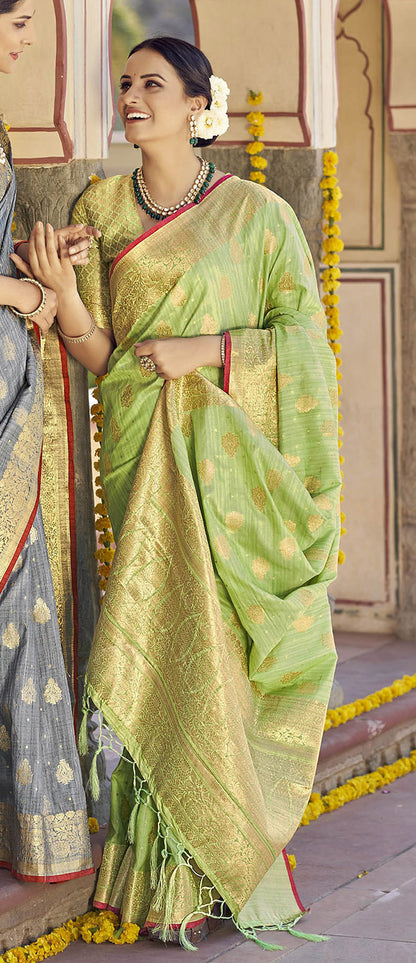 Pistachio Designer Tussar Silk Saree Blouse for Indian Wedding Reception