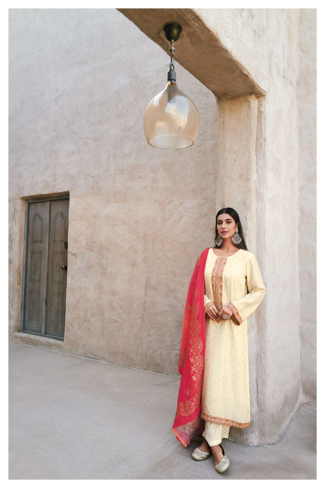 White Cotton Silk Embroidered Suit with Red Woven Banarasi Dupatta