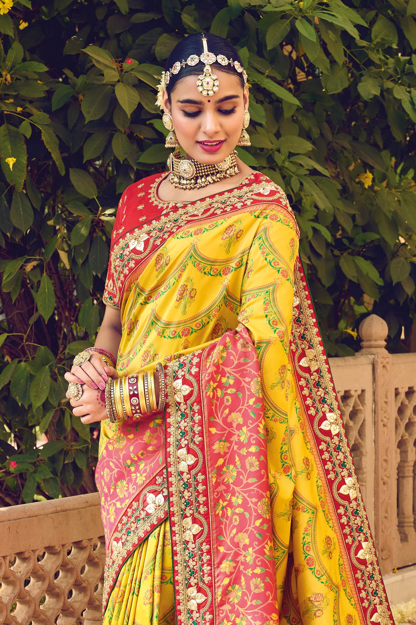 Ochre Yellow Patola Style Soft Silk Saree with Red Blouse