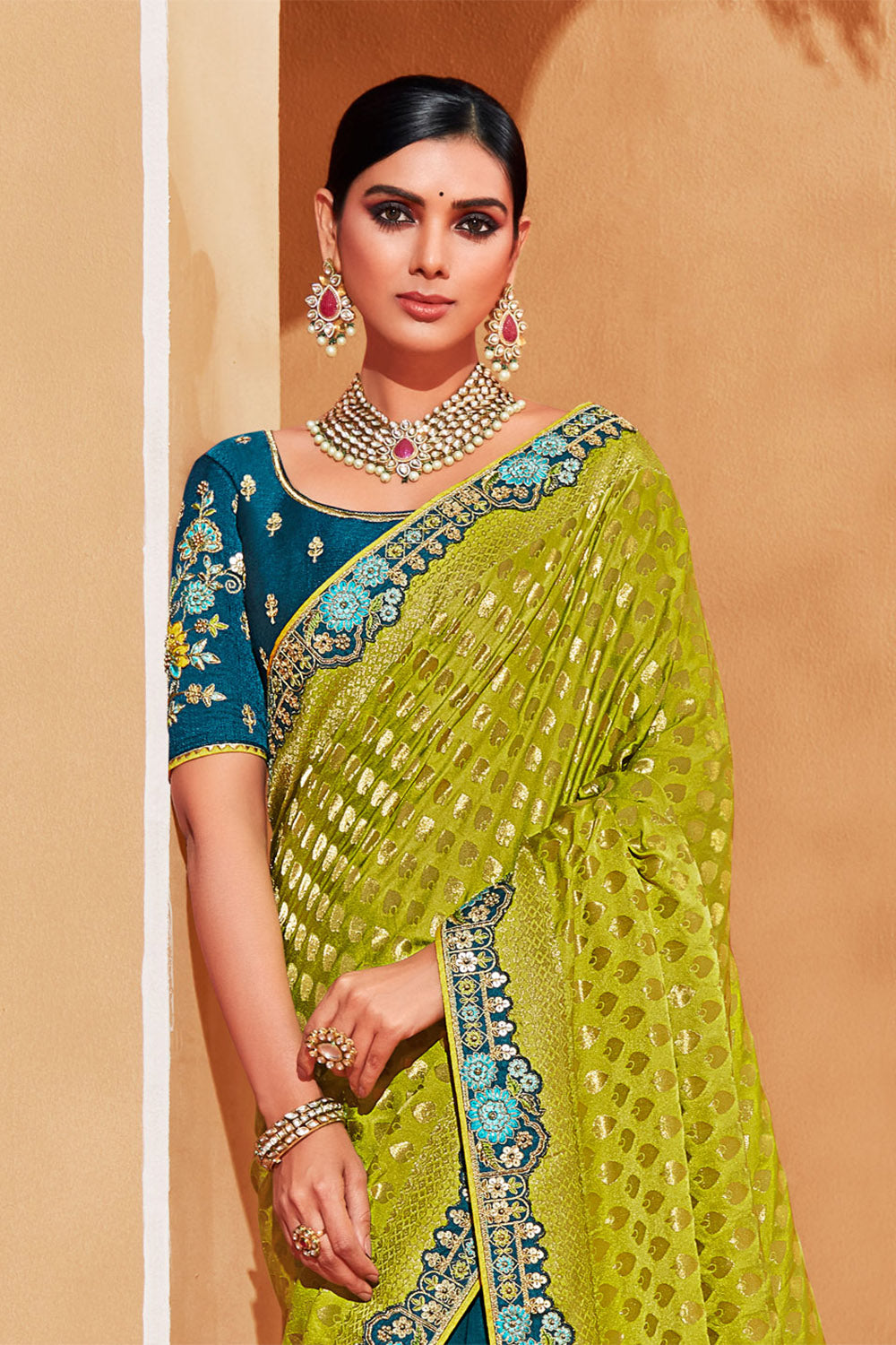 Light Olive with Dark Teal  Stunning Designer Bridal Dola Silk Saree with Heavy Embroidered Blouse