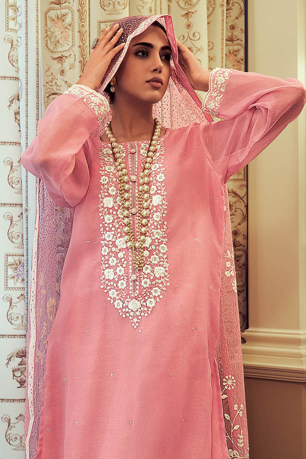 Cupcake Pink Thread Embroidered Soft Silk Salwar Suit with Dupatta