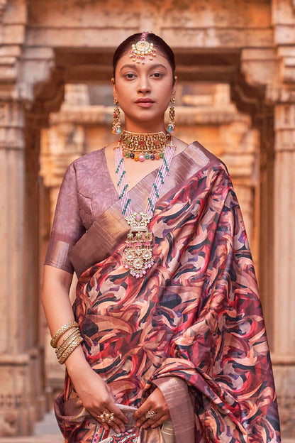 Light Brown  Soft Tussar Silk Floral Kalamkari Saree