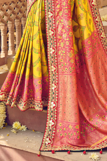 Ochre Yellow Patola Style Soft Silk Saree with Red Blouse