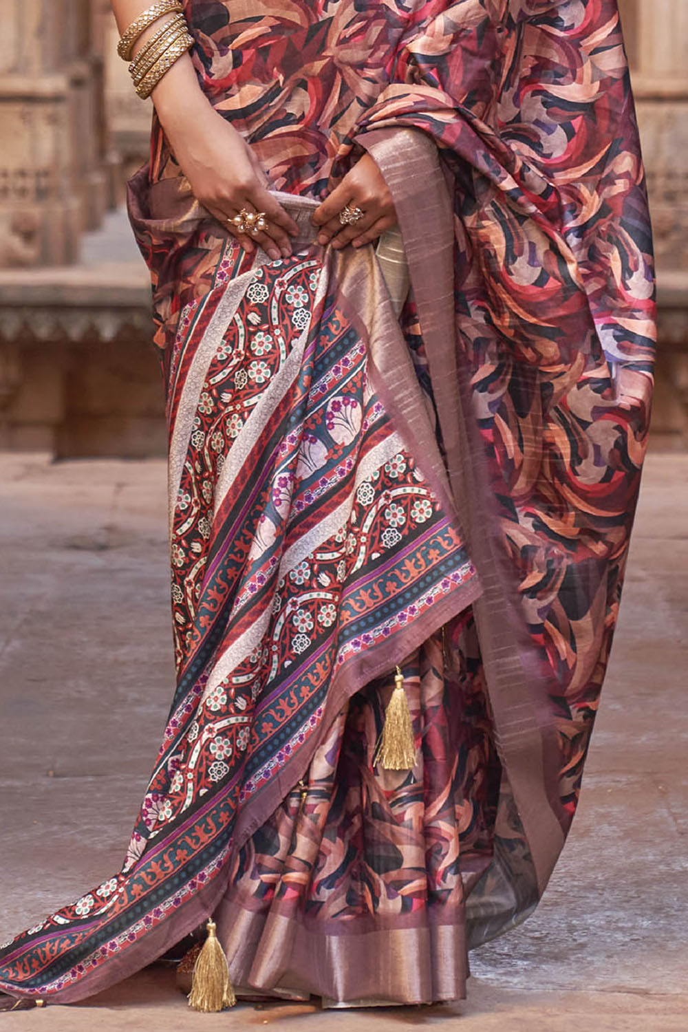 Light Brown  Soft Tussar Silk Floral Kalamkari Saree