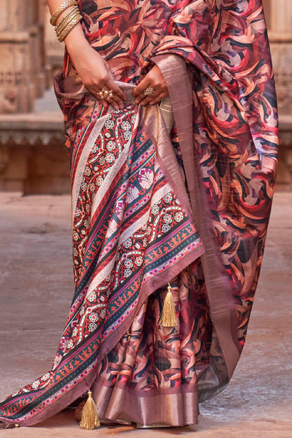 Light Brown  Soft Tussar Silk Floral Kalamkari Saree