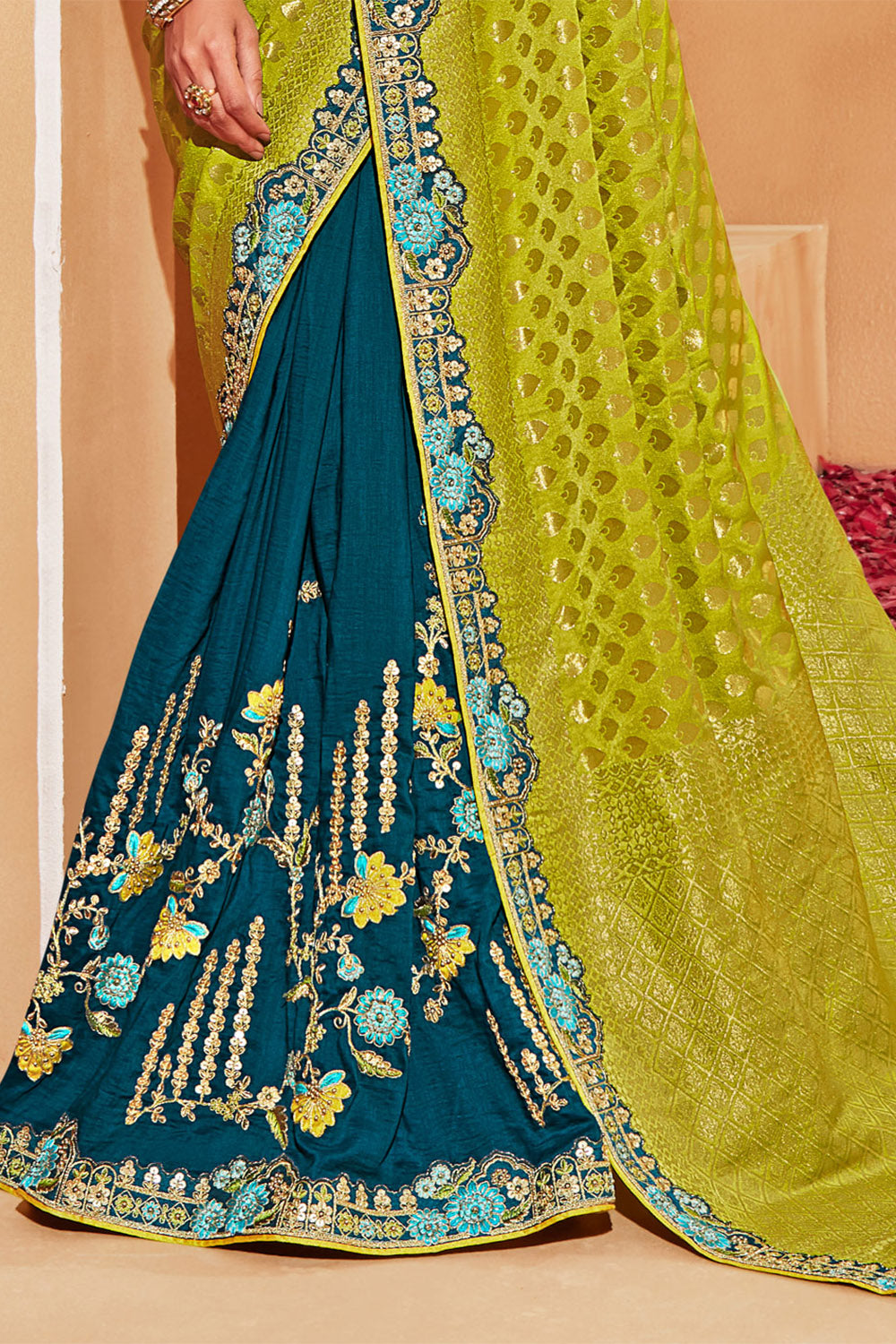 Light Olive with Dark Teal  Stunning Designer Bridal Dola Silk Saree with Heavy Embroidered Blouse