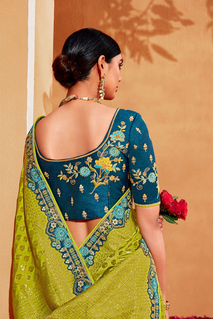 Light Olive with Dark Teal  Stunning Designer Bridal Dola Silk Saree with Heavy Embroidered Blouse