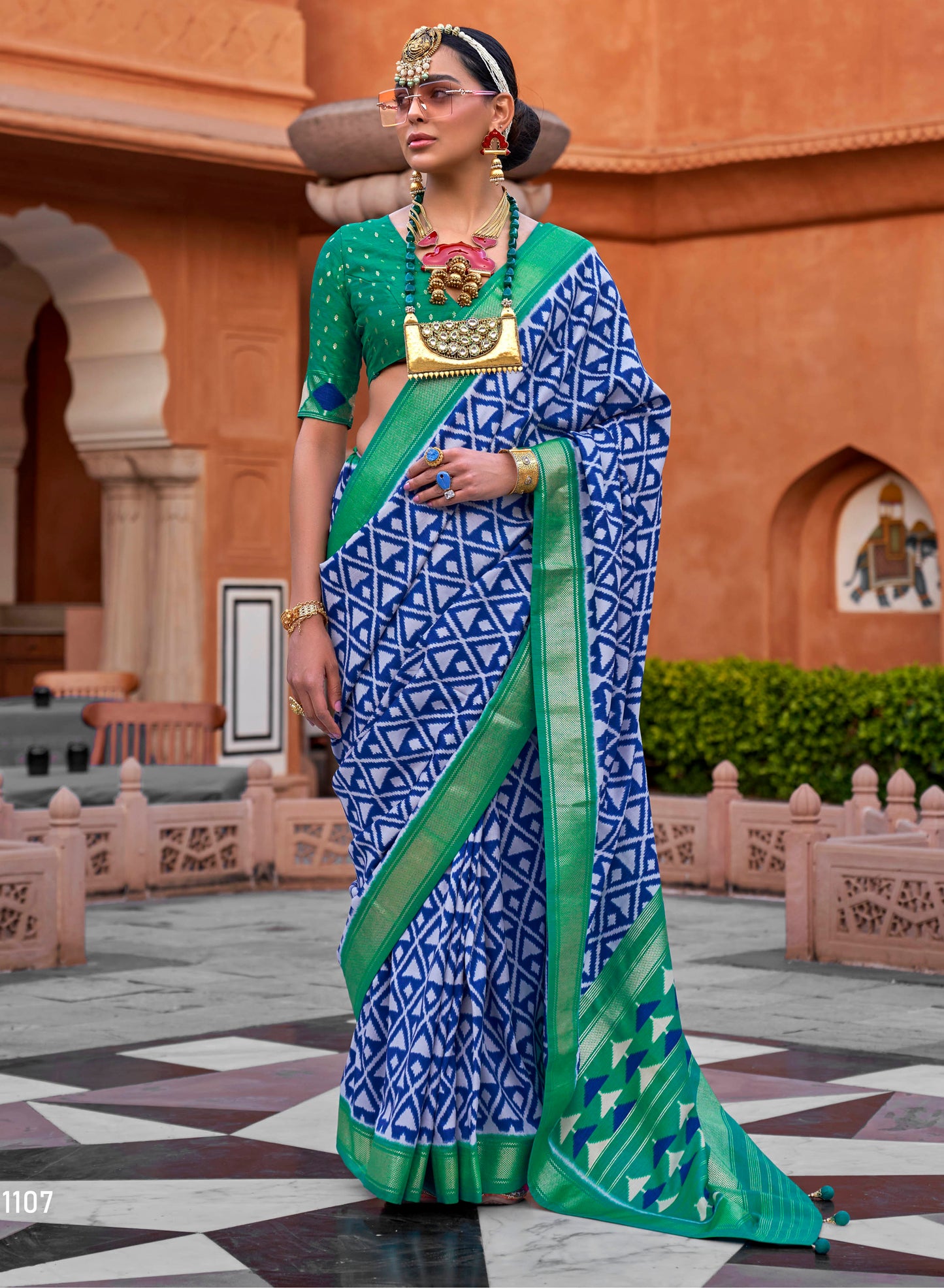 Blue with Green Soft Floral Printed Saree with Ekat Border and Pallu