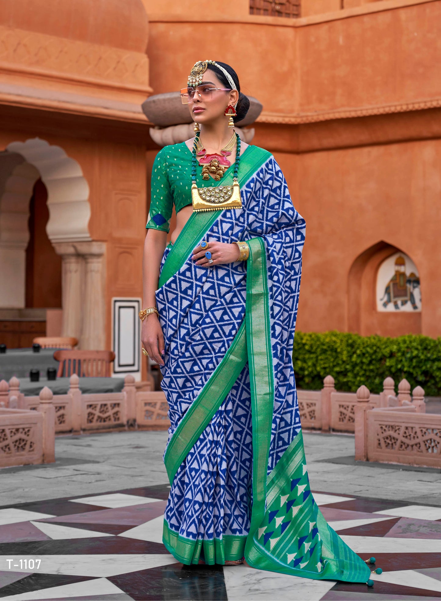 Blue with Green Soft Floral Printed Saree with Ekat Border and Pallu