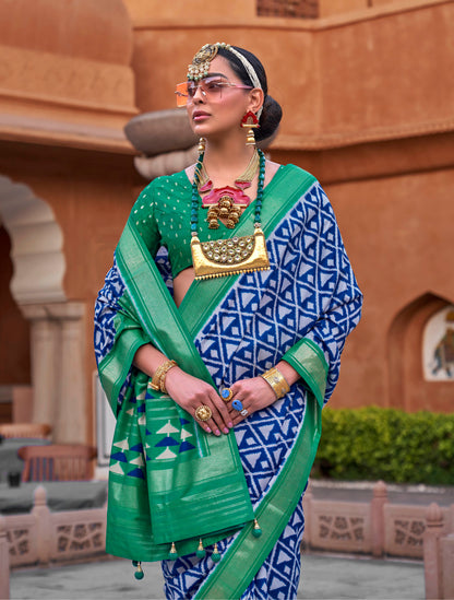 Blue with Green Soft Floral Printed Saree with Ekat Border and Pallu