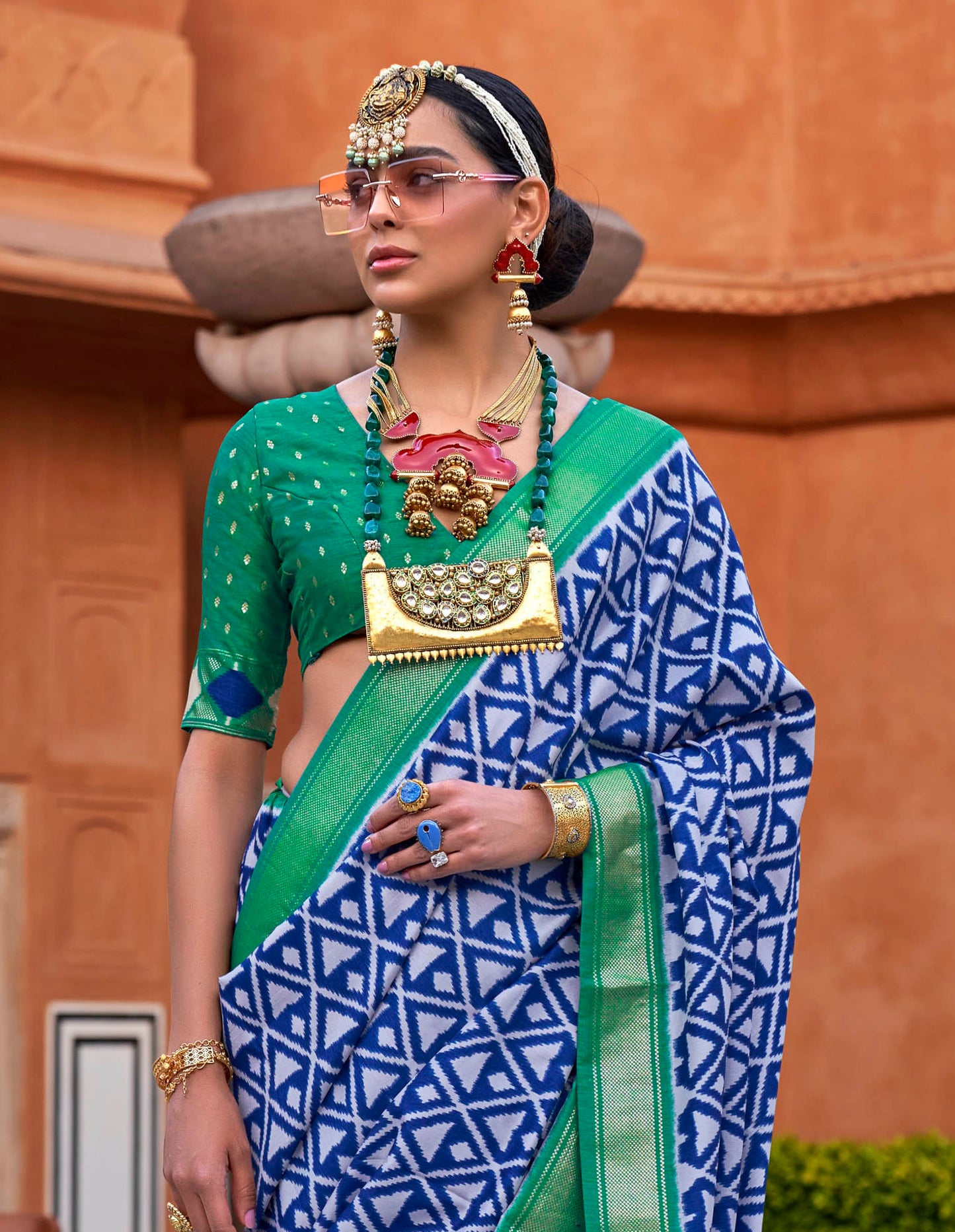 Blue with Green Soft Floral Printed Saree with Ekat Border and Pallu