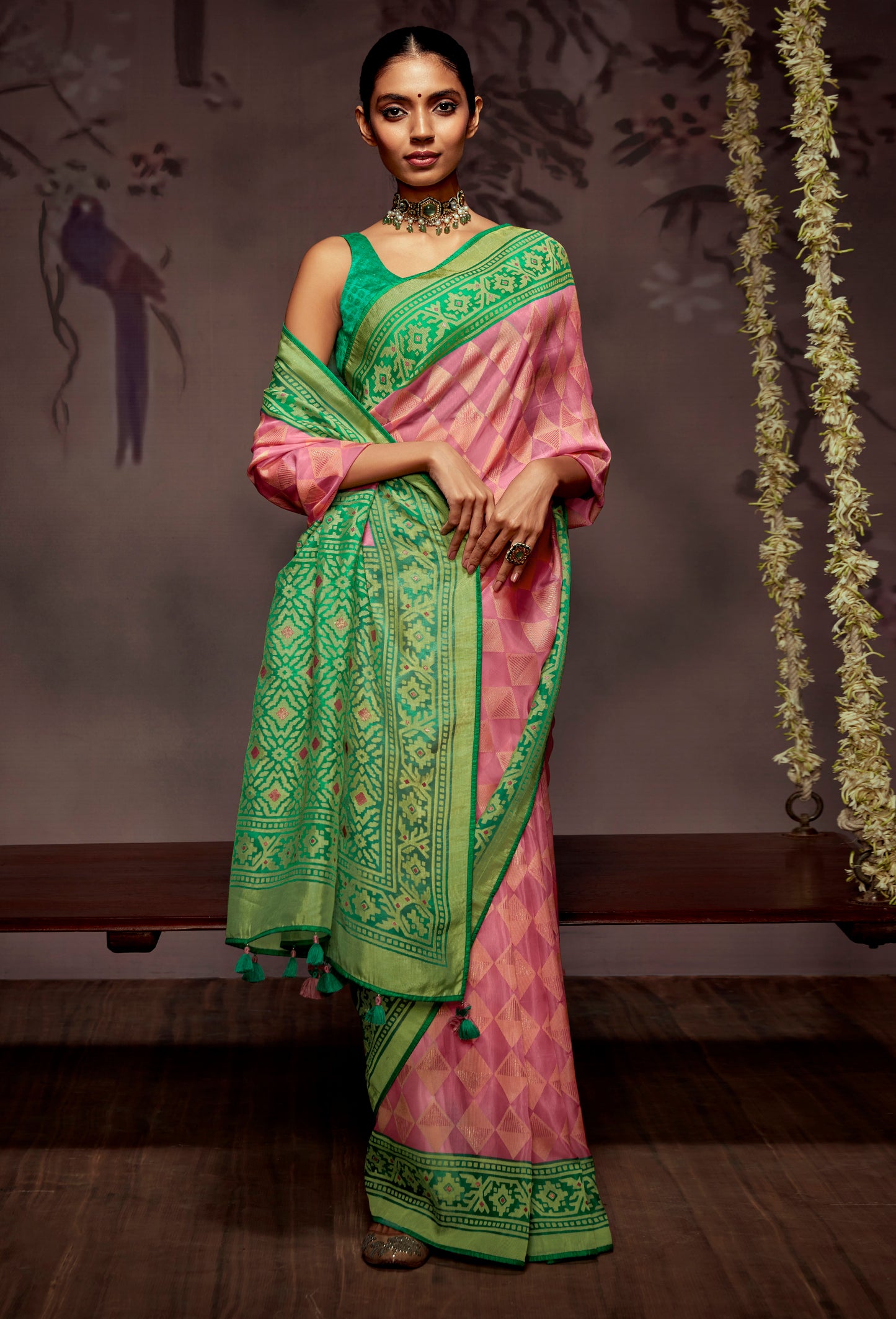 Creamy Pink  Checks Designer Soft Organza Saree with Zari Border