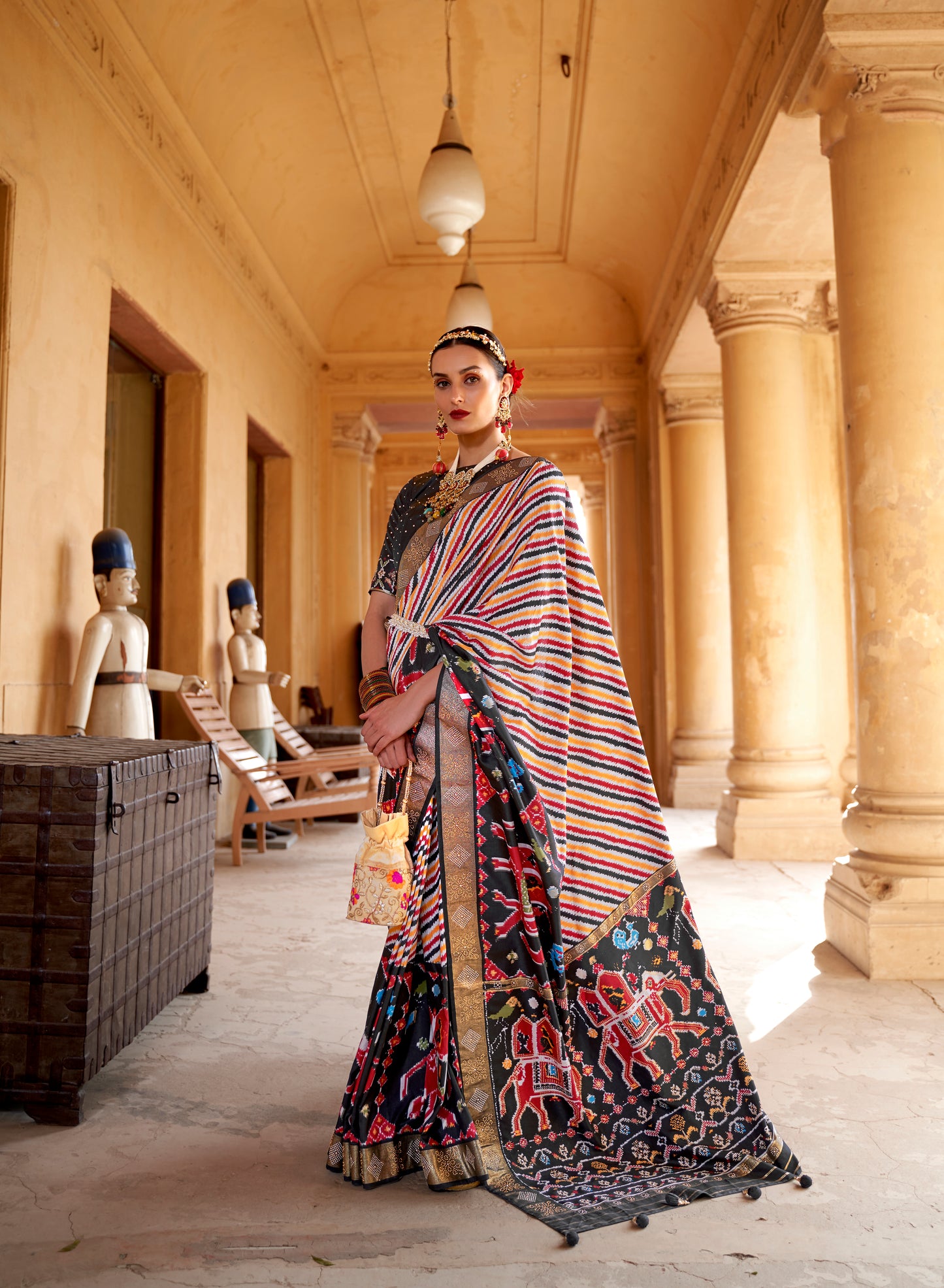 Black with Multi Navratna Patola Style Saree with Tessles